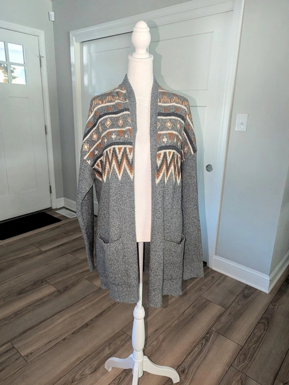 Lucky Brand Fair Isle Shawl Cardigan Geometric Open Front Gray & Brown Large